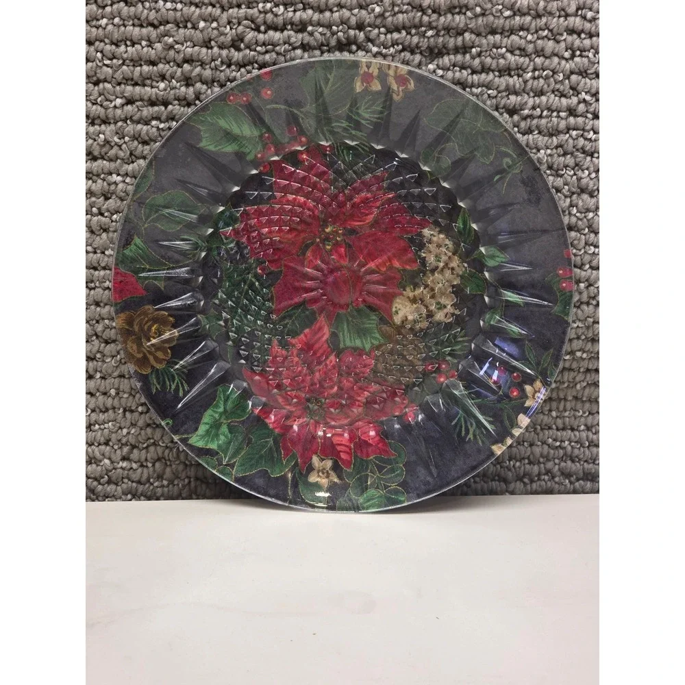 Christmas Poinsettia‎ Glass Decorative Plate Holiday Floral 8
